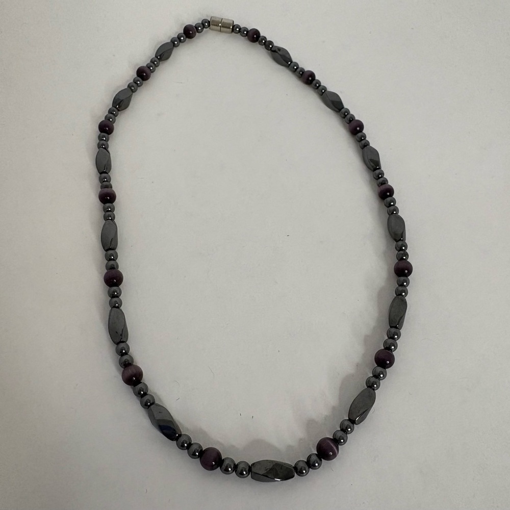 Elegant Black and Purple Hematite & Amethyst Beaded Necklace NWOT